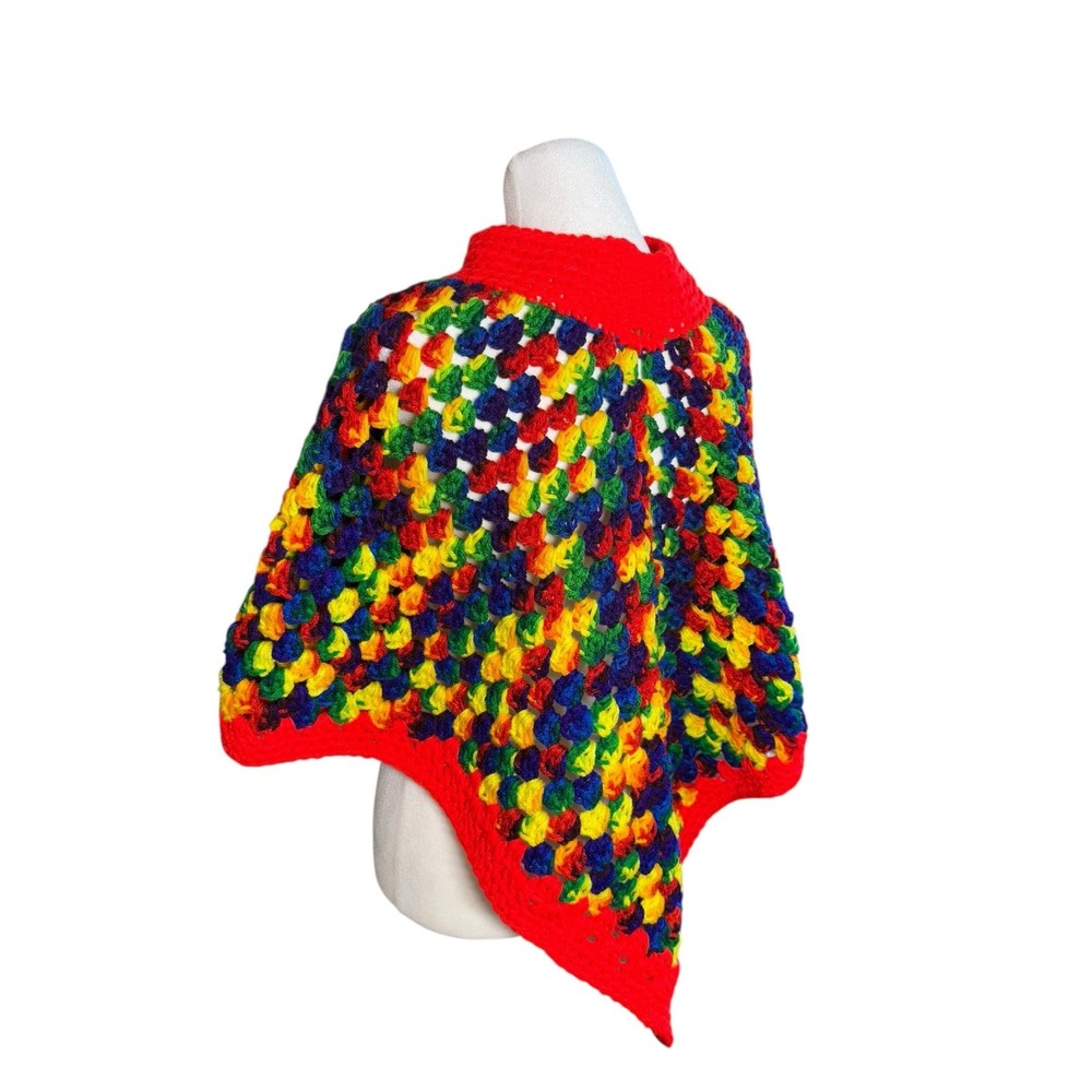 Vintage 70s Crochet Poncho Kids Rainbow Chunky Knit Boho Handmade Cape - Picture 6 of 10